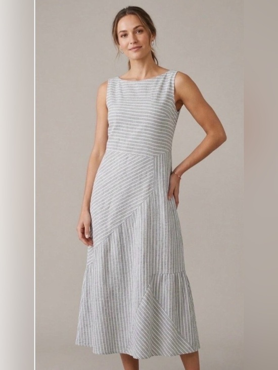 Dresses & Skirts - J.Jill 100% Linen gray and white asymmetric striped midi dress